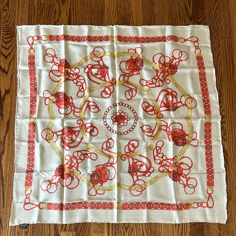 J. McLaughlin Coral and Gold Equestrian Patterned Silk Scarf